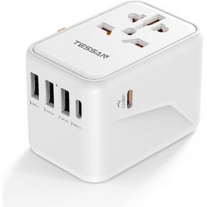 محول السفر العالمي TESSAN، محول الطاقة الدولي 5.6A 3 USB C 2 منافذ USB A، محول التوصيل السفر في جميع أنحاء العالم، محول منفذ شاحن السفر لأوروبا والمملكة المتحدة والاتحاد الأوروبي AUS (النوع C/G/A/I)