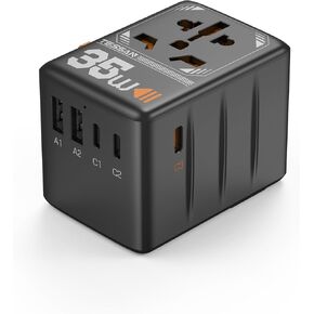 محول السفر العالمي TESSAN، محول الطاقة الدولي 5.6A 3 USB C 2 منافذ USB A، محول التوصيل السفر في جميع أنحاء العالم، محول منفذ شاحن السفر لأوروبا والمملكة المتحدة والاتحاد الأوروبي AUS (النوع C/G/A/I)