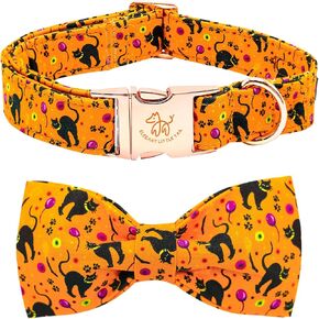 Elegant little tail Fall Dog Collar, Halloween Dog Collar Pet Collar Orange Plaid Dog Pet Collar with Bowtie Metal Buckle Cotton Girls Boys Adjustable Dog Collar for Small Dogs