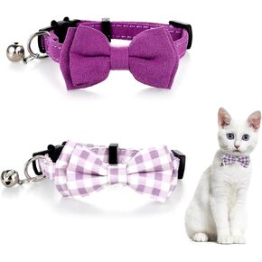 2 Pcs Kitten Collar with Bell Cute Cat Collar for Girl Cats Breakaway Bowtie Cat Collars Adjustable Small Puppy Safety Collar Solid Color Plaid Pet Collar (Purple)