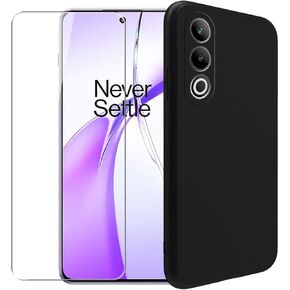 Case for OnePlus Ace 3V + Glass Screen Protector Tempered Film - Transparent Silicone Soft Flexible Bumper Shockproof TPU Protective Cover Shell for OnePlus Ace 3V (Black)