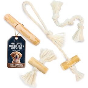 4 Pack Real Coffee Wood Stick for Dogs 15-40 lbs, Puppy Teething Toys, 100% Natural Puppy Wood Chew Toys, Stress Relief - Woodden Bones for Dogs - Natural Rope Toys
