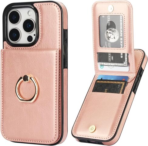 محفظة KIHUWEY لهاتف iPhone 16 Pro مع حامل بطاقة الائتمان، حلقة دوارة 360 درجة من جلد البولي يوريثان بمشبك مغناطيسي، غطاء واقٍ شديد التحمل للنساء والرجال 6.3 بوصة (ذهبي وردي) in Kuwait
