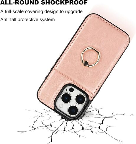 محفظة KIHUWEY لهاتف iPhone 16 Pro مع حامل بطاقة الائتمان، حلقة دوارة 360 درجة من جلد البولي يوريثان بمشبك مغناطيسي، غطاء واقٍ شديد التحمل للنساء والرجال 6.3 بوصة (ذهبي وردي) in Kuwait