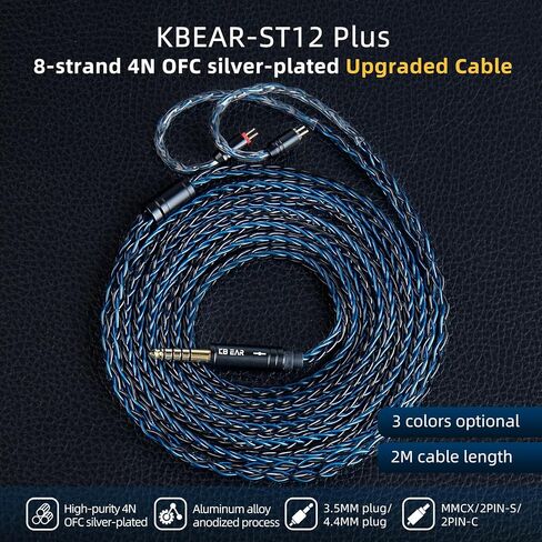 keephifi KBEAR ST16 2-Meter Long Silver-Plated Upgrade Earphone Cable with 3.5mm Gold-Plated Plug for KZ ZST AS10 EDX EDC (QDC, Silver, 3.5MM Plug) in Kuwait