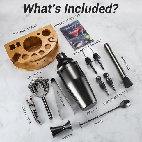 Cocktail Shaker Set Bartender Kit with Stand, 12 Piece Bar Set Drink Mixer Set with Stainless Steel Bar Accessories Tools: 25oz Martini Shaker Jigger Strainer Spoon Muddler for Cocktails (Silver) in Saudi Arabia
