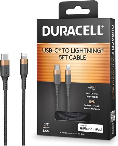 شاحن DURACELL iPhone، كابل USB-C إلى Lightning (5 أقدام/1.5 متر) كابل شحن سريع من النوع C، معتمد من MFi لهاتف iPhone 14/13/12/11/X/8، AirPods Pro، متين للاستخدام اليومي، مثالي للسفر in Saudi Arabia