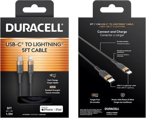 شاحن DURACELL iPhone، كابل USB-C إلى Lightning (5 أقدام/1.5 متر) كابل شحن سريع من النوع C، معتمد من MFi لهاتف iPhone 14/13/12/11/X/8، AirPods Pro، متين للاستخدام اليومي، مثالي للسفر in Saudi Arabia