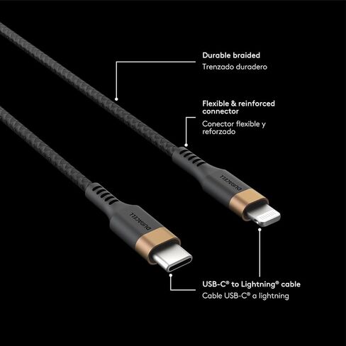 شاحن DURACELL iPhone، كابل USB-C إلى Lightning (5 أقدام/1.5 متر) كابل شحن سريع من النوع C، معتمد من MFi لهاتف iPhone 14/13/12/11/X/8، AirPods Pro، متين للاستخدام اليومي، مثالي للسفر in Saudi Arabia