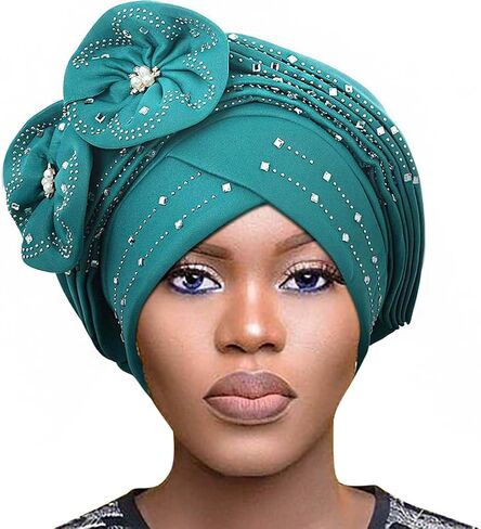 Woeoe Beanie Cap Head Wrap Black Rhinestones Head Scarf Flower Pearls Twisted Head Turban for Women Girls in Kuwait