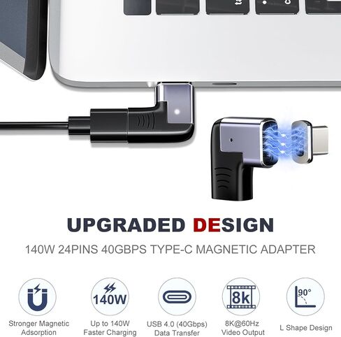 PChero 140W USB C محول مغناطيسي 2 حزمة، 24 دبابيس 90 درجة محول الزاوية اليمنى مع PD شحن سريع USB4 40 جيجابت في الثانية 8K 60 هرتز متوافق مع Thunderbolt 3 4 Air ROG Ally Steam Deck PS5 PSVR2 in Kuwait