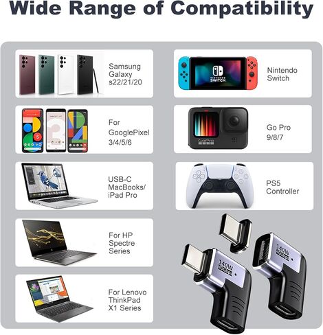 PChero 140W USB C محول مغناطيسي 2 حزمة، 24 دبابيس 90 درجة محول الزاوية اليمنى مع PD شحن سريع USB4 40 جيجابت في الثانية 8K 60 هرتز متوافق مع Thunderbolt 3 4 Air ROG Ally Steam Deck PS5 PSVR2 in Kuwait