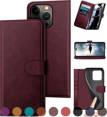 Compatible with iPhone 16 Pro 6.3" Genuine Leather Wallet case【RFID Blocking】【4 Credit Card Holder】【Real Leather】 Flip Folio Book Phone case Cover Women Men for Apple 16 Pro case Wine Red in Saudi Arabia