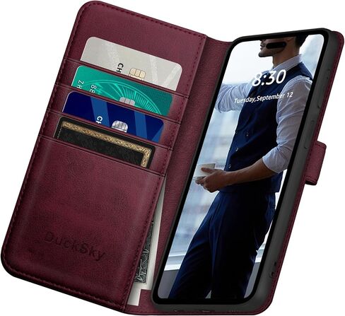 Compatible with iPhone 16 Pro 6.3" Genuine Leather Wallet case【RFID Blocking】【4 Credit Card Holder】【Real Leather】 Flip Folio Book Phone case Cover Women Men for Apple 16 Pro case Wine Red in Saudi Arabia