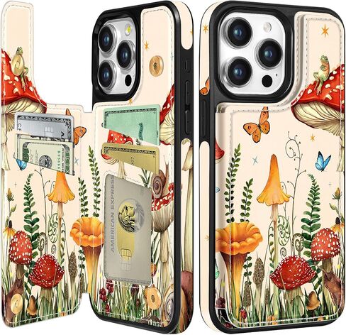 for iPhone 15 Pro Max Wallet Case with Card Holder, Designer Mushroom Frog Pattern Kickstand Magnetic Clasp Back Flip Folio Leather Phone Cases for iPhone 15 Promax for Women Men Girls in Saudi Arabia