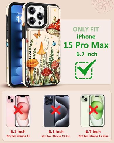 for iPhone 15 Pro Max Wallet Case with Card Holder, Designer Mushroom Frog Pattern Kickstand Magnetic Clasp Back Flip Folio Leather Phone Cases for iPhone 15 Promax for Women Men Girls in Saudi Arabia