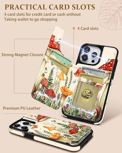 for iPhone 15 Pro Max Wallet Case with Card Holder, Designer Mushroom Frog Pattern Kickstand Magnetic Clasp Back Flip Folio Leather Phone Cases for iPhone 15 Promax for Women Men Girls in Saudi Arabia