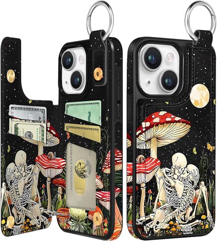 for iPhone 15 Pro Max Wallet Case with Card Holder, Designer Mushroom Frog Pattern Kickstand Magnetic Clasp Back Flip Folio Leather Phone Cases for iPhone 15 Promax for Women Men Girls in Kuwait