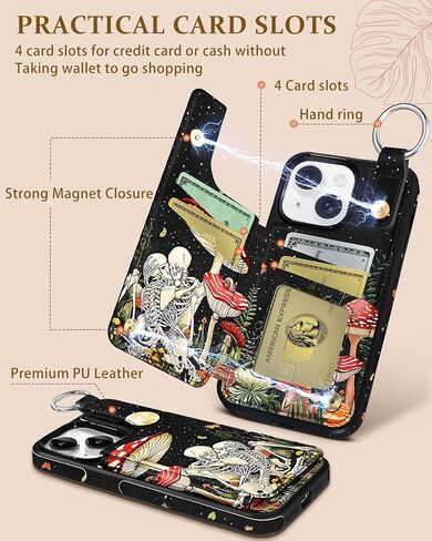 for iPhone 15 Pro Max Wallet Case with Card Holder, Designer Mushroom Frog Pattern Kickstand Magnetic Clasp Back Flip Folio Leather Phone Cases for iPhone 15 Promax for Women Men Girls in Kuwait