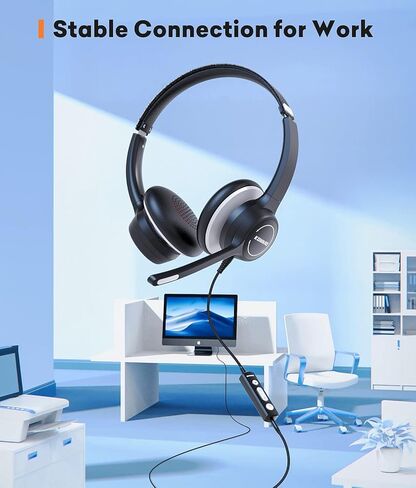 USB-A/USB-C Headsets with Microphone, USB C Wired Headsets with AI ENC Noise Cancelling Microphone, Stereo Headphones with MIC for PC, in Line Controls, Work Headset for Skype Zoom Tablet in Kuwait
