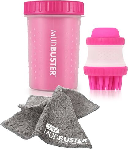 Dexas MudBuster Portable Pet Cleaning Kit with Dog Paw Washer, Pet Bathing Brush, Microfiber Towel, Large, Pink in Saudi Arabia