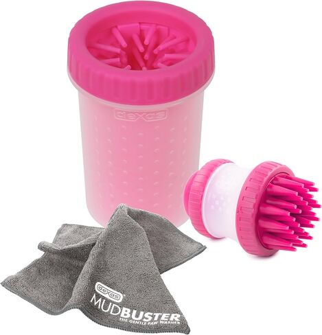 Dexas MudBuster Portable Pet Cleaning Kit with Dog Paw Washer, Pet Bathing Brush, Microfiber Towel, Large, Pink in Saudi Arabia