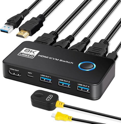 محول 8K@60 هرتز HDMI 2.1 KVM لشاشة واحدة و2 جهاز كمبيوتر، مع 3 منافذ USB 3.0 لمشاركة الشاشة ولوحة المفاتيح والماوس ومحركات الأقراص الصلبة والطابعة - يتضمن كابلين HDMI وUSB ووحدة تحكم in Saudi Arabia