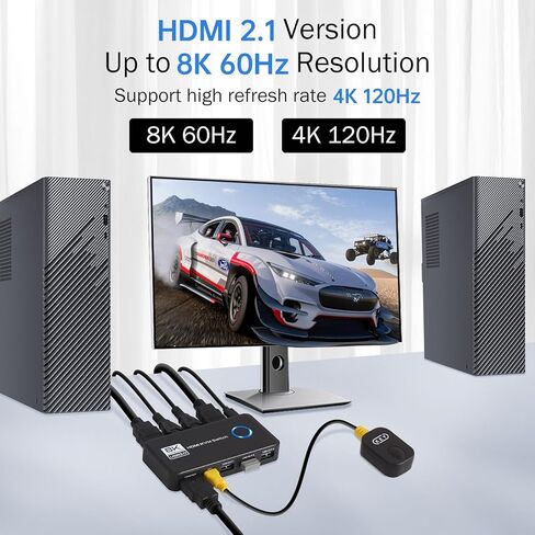 محول 8K@60 هرتز HDMI 2.1 KVM لشاشة واحدة و2 جهاز كمبيوتر، مع 3 منافذ USB 3.0 لمشاركة الشاشة ولوحة المفاتيح والماوس ومحركات الأقراص الصلبة والطابعة - يتضمن كابلين HDMI وUSB ووحدة تحكم in Saudi Arabia