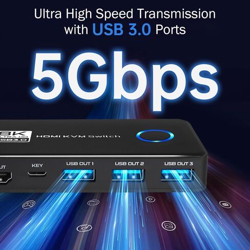 محول 8K@60 هرتز HDMI 2.1 KVM لشاشة واحدة و2 جهاز كمبيوتر، مع 3 منافذ USB 3.0 لمشاركة الشاشة ولوحة المفاتيح والماوس ومحركات الأقراص الصلبة والطابعة - يتضمن كابلين HDMI وUSB ووحدة تحكم in Saudi Arabia