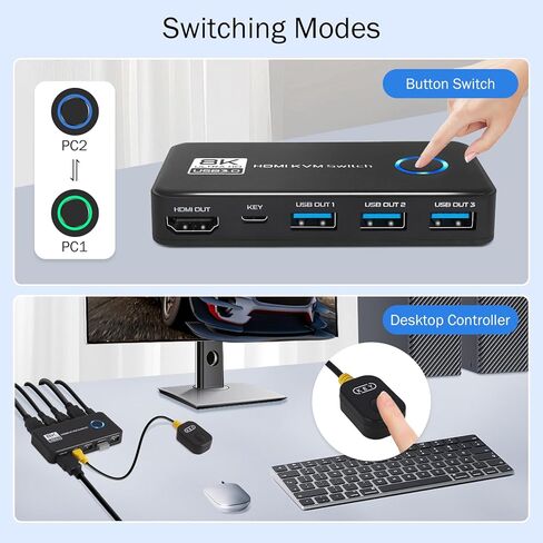 محول 8K@60 هرتز HDMI 2.1 KVM لشاشة واحدة و2 جهاز كمبيوتر، مع 3 منافذ USB 3.0 لمشاركة الشاشة ولوحة المفاتيح والماوس ومحركات الأقراص الصلبة والطابعة - يتضمن كابلين HDMI وUSB ووحدة تحكم in Saudi Arabia