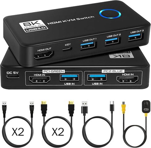 محول 8K@60 هرتز HDMI 2.1 KVM لشاشة واحدة و2 جهاز كمبيوتر، مع 3 منافذ USB 3.0 لمشاركة الشاشة ولوحة المفاتيح والماوس ومحركات الأقراص الصلبة والطابعة - يتضمن كابلين HDMI وUSB ووحدة تحكم in Saudi Arabia