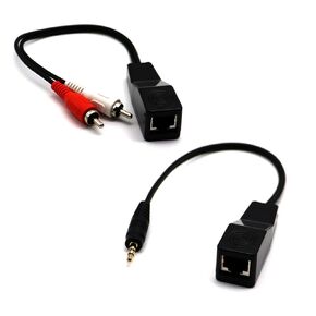 MOTONG DC 3.5mm 1/8" Stereo to RCA Red White Audio Signal Balun Over Cat5/6, RJ45 Female to 2RCA Male / RJ45 to DC 3.5mm Stereo Male Audio Cable Cord