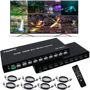 HDMI Multiviewer 4K@60Hz 4X1 with KVM PIP,4HDMI/4PC in 1 Out Seamless Switch 1 2 3 4 Way Screen Divider Supports KVM(keypad/PC/Mouse) IR Remote RS232 Panel Key Control 8 View Modes 1×1 2×1 3×1 4×1 et