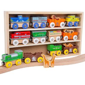 Orbrium Toys 52 Pcs Deluxe Wooden Train Set with Dual-use Storage Box/Tunnel Compatible with Thomas Wooden Railway, Brio, Chuggington