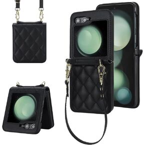 LBYZCASE Phone Case for Z Flip 6 2024,Samsung Galaxy Z Flip 6 Wallet Case with Built-in Leather, Wristlet Strap, Carrying Handbag Phone Case for Women (Brown)