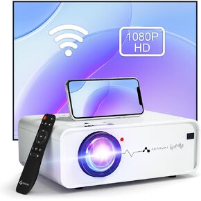 جهاز عرض ASAKUKI Mini WiFi، جهاز عرض أفلام منزلي ASAKUKI 8000 Lumens، شاشة Full HD 1080P و200 بوصة، جهاز عرض فيديو خارجي محمول لجهاز iPhone متوافق مع iOS/Android/TV Stick/HDMI/USB/VGA