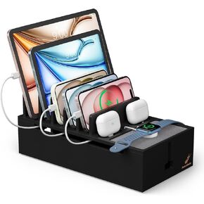 Pezin & Hulin Cord Organizer Box, Surge Protector Organizer, Device Charger Station for Phones & Tablets, Wood Charging Dock -with 5 Wire Cables, BUT NO Power Supply - Natural + Black
