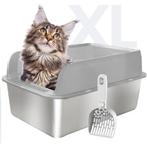 Stainless Steel Cat Litter Box with Lid Extra Large Litter Box for Big Cats XL Metal Litter Pan Tray with High Wall Sides Enclosure, Non-Sticky, Anti-Leakage, Easy Cleaning (Black)