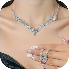 YANCHUN Silver Jewelry Set Wedding Jewelry Sets for Brides Bridesmaid Formal Rhinestone Necklace Bracelet Earrings Costume Jewelry for Women Prom Jewelry Accessories Wedding Day Party