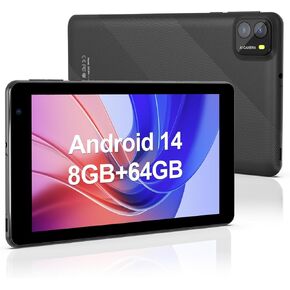 7 Inch Android 14 Tablets,8GB RAM 64GB ROM,2MP+8MP Dual Camera, IPS HD Touch Screen,Qcta core Processor,WiFi 6,Bluetooth(Black), B7-Black