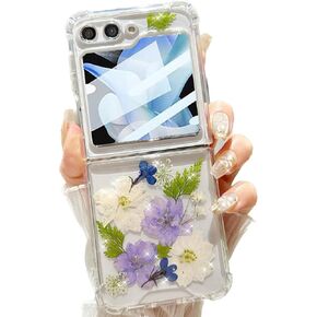 for Samsung Galaxy Z Flip 6 5G Clear Glitter Floral Case, Cute Pressed Dried Real Flowers Design Bling Sparkly White Floral Soft TPU Women Girls Protective Case for Galaxy Z Flip 6 5G (Blue)