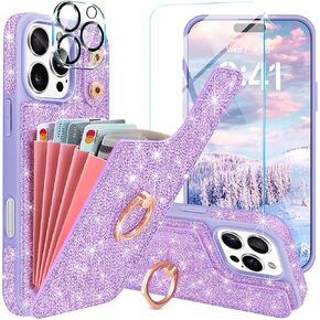 for iPhone 16 Pro Max Case Wallet [Screen Protector+Camera Lens Protector] 5 Card Holder&360° Ring Stand Sparkle Women Girls PU Leather Flip Cover for iPhone 16 Pro Max,6.9 Inch,White