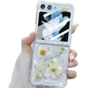 for Samsung Galaxy Z Flip 6 5G Clear Glitter Floral Case, Cute Pressed Dried Real Flowers Design Bling Sparkly White Floral Soft TPU Women Girls Protective Case for Galaxy Z Flip 6 5G (Blue)