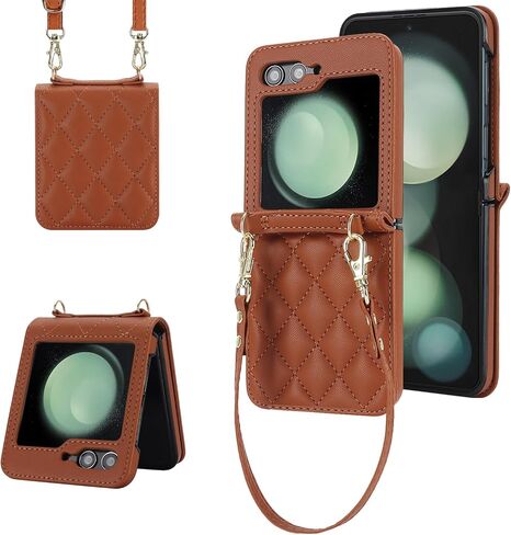 حافظة هاتف LBYZCASE لهاتف Z Flip 6 2024، حافظة محفظة لهاتف Samsung Galaxy Z Flip 6 مع جلد مدمج، حزام معصم، حقيبة يد لحمل الهاتف للنساء (بني) in Saudi Arabia