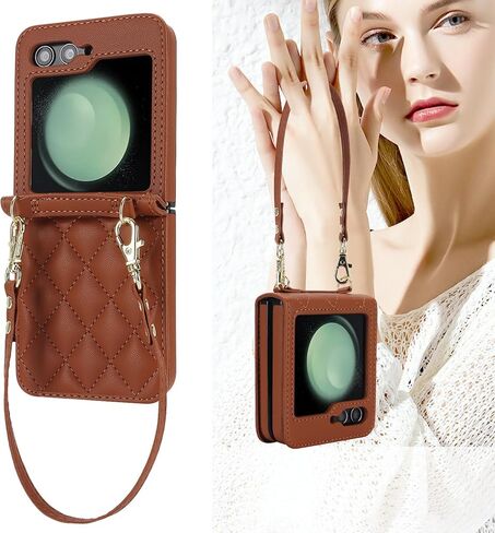 حافظة هاتف LBYZCASE لهاتف Z Flip 6 2024، حافظة محفظة لهاتف Samsung Galaxy Z Flip 6 مع جلد مدمج، حزام معصم، حقيبة يد لحمل الهاتف للنساء (بني) in Saudi Arabia