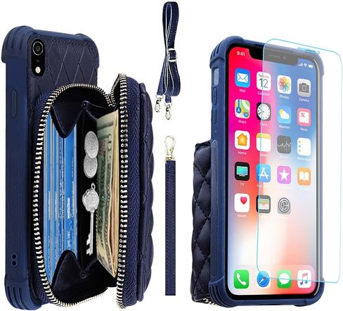 MONASAY Zipper Wallet Case for iPhone XR,[Glass Screen Protector ][RFID Blocking] Flip Leather Handbag Phone Cover with Card Holder & Detachable Crossbody Shoulder Lanyard Strap, Dark Blue in Kuwait