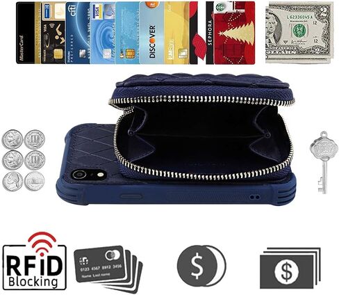 MONASAY Zipper Wallet Case for iPhone XR,[Glass Screen Protector ][RFID Blocking] Flip Leather Handbag Phone Cover with Card Holder & Detachable Crossbody Shoulder Lanyard Strap, Dark Blue in Kuwait