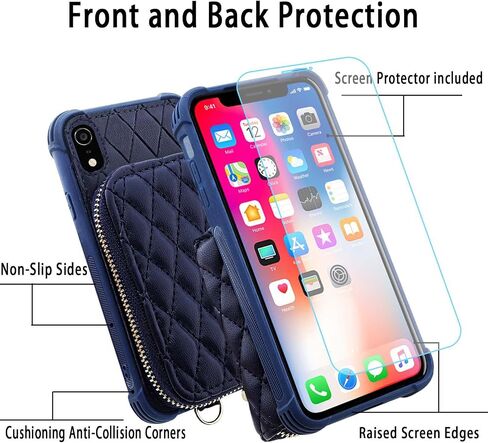 MONASAY Zipper Wallet Case for iPhone XR,[Glass Screen Protector ][RFID Blocking] Flip Leather Handbag Phone Cover with Card Holder & Detachable Crossbody Shoulder Lanyard Strap, Dark Blue in Kuwait