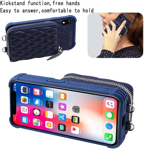 MONASAY Zipper Wallet Case for iPhone XR,[Glass Screen Protector ][RFID Blocking] Flip Leather Handbag Phone Cover with Card Holder & Detachable Crossbody Shoulder Lanyard Strap, Dark Blue in Kuwait