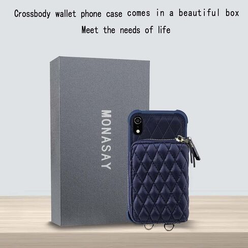 MONASAY Zipper Wallet Case for iPhone XR,[Glass Screen Protector ][RFID Blocking] Flip Leather Handbag Phone Cover with Card Holder & Detachable Crossbody Shoulder Lanyard Strap, Dark Blue in Kuwait